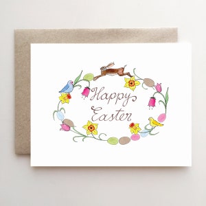 Osterkranz Karte - Ostern - Hase - Narzissen - Osterblumen - Tulpen - Eier