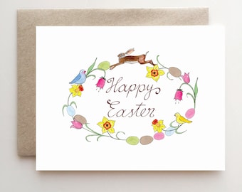 Easter Wreath card - Easter - bunny - daffodils - easter flowers - tulips - eggs