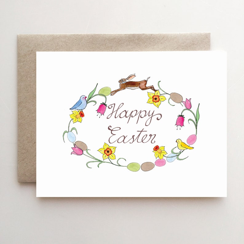 Easter Wreath card Easter bunny daffodils easter flowers tulips eggs image 1