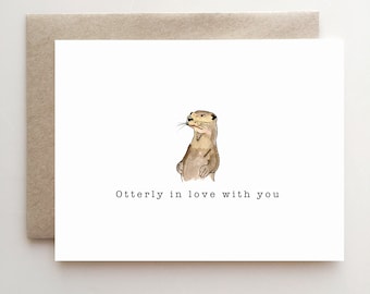 Valentine's Day Card with Otter - Otterly in love with you - love card - Handmade - Paper Goods - Otter love - Love