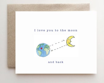 Valentine's Day Card I love you to the moon and back  - Handmade - Paper Goods - Love card