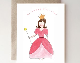 Birthday Princess Card - girls birthday - princess - wand - birthday card - pink dress