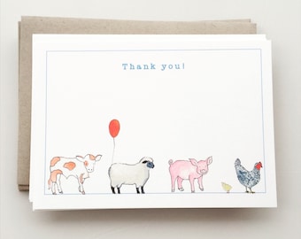 Farm Animals Thank You Note Cards - farm birthday party- sheep - pig - cow - chicken