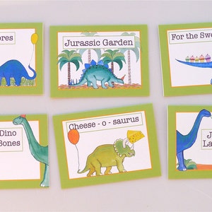 Druckbares Set aus 6 Essenszelten für Dinosaurier-Themenparty - Etiketten, sofortiger Download, Dinosaurier-Geburtstagskarte, Kinderparty-Food-Karte