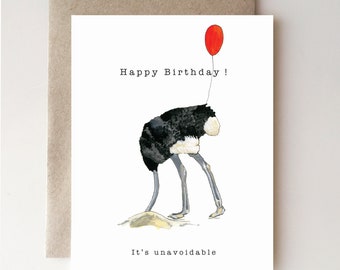 Ostrich Birthday Card - head in sand - birthday - humor - handmade - paper - watercolor