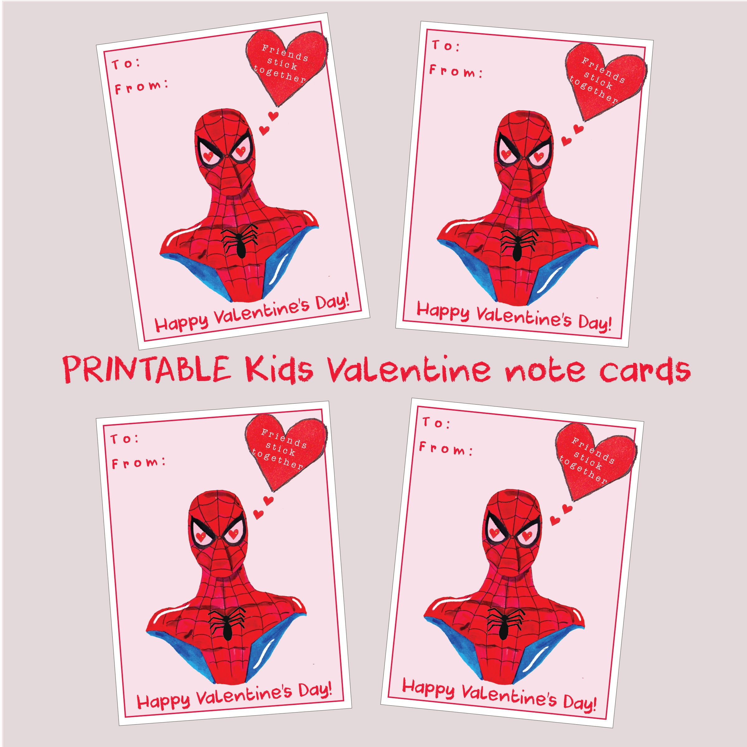 Kids Printable Spiderman Note Cards - classroom valentine - school - kids -  note cards