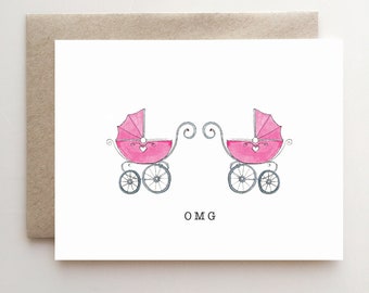 OMG Baby Twins Card - congratulations card - pink - prams - strollers - girl twins