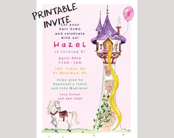 May include: Printable invitation for a girl's 4th birthday party. The invitation features a cartoon illustration of Rapunzel's tower with a pink balloon and a white horse. The text reads "Let your hair down and celebrate with us! Hazel is turning 4! April 30th 11am-1pm 123 Tower Rd. St Maximus, FL Come play by Rapunzel's tower and ride Maximus! rsvp Gothel 123.456.7890"