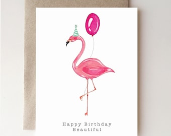 Beautiful Flamingo Birthday Card - watercolor - handmade - pink - flamingo - beautiful - for her - paper