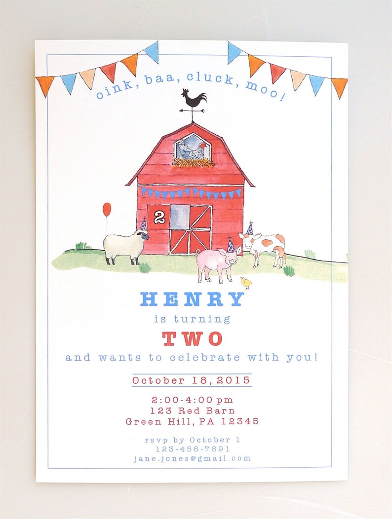 PRINTABLE barn and farm animals invite red bar farm party kids party personalised digital file printable image 1