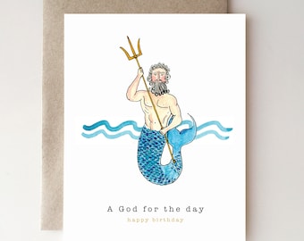 God for a Day Birthday card with Poseidon - waves - sea - mens birthday card - man - greek god