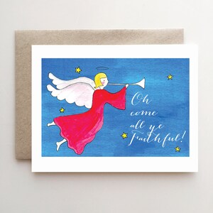 Oh Come All Ye Faithful - aartsengel - traditionele kerstkaart - religieus - trompet - handgemaakt - aquarel - origineel ontwerp
