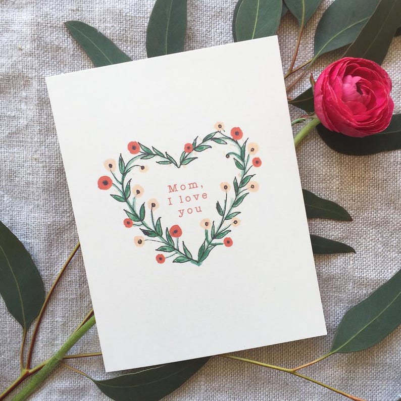 Mother’s Day Card – “mom I Love You” – Heart Wreath, Floral Card for ...