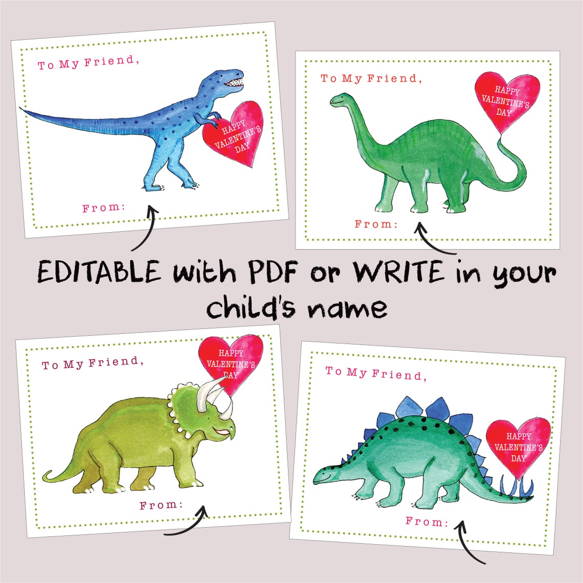 Printable Dinosaur Valentine Cards for Kids – School Valentines ...