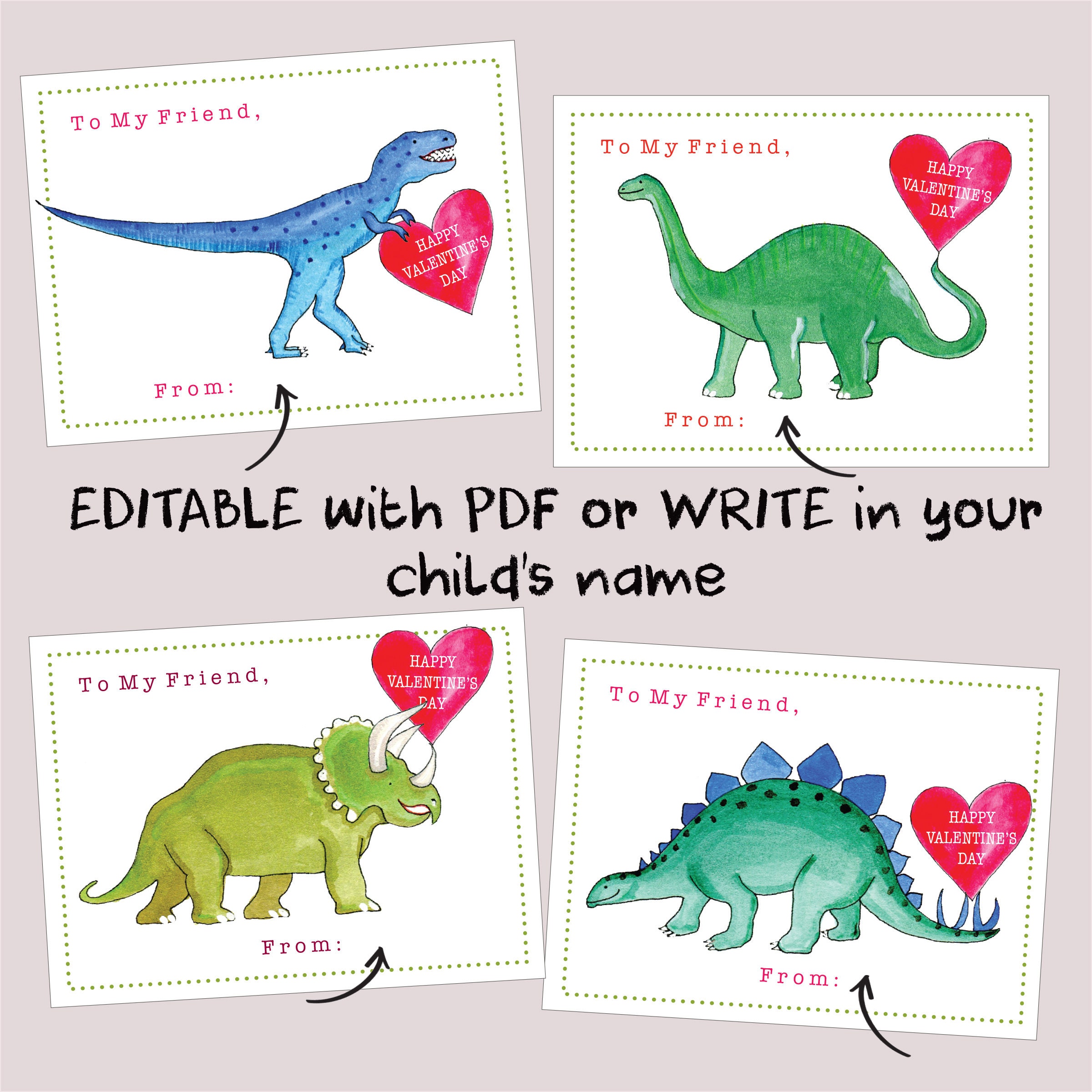 PRINTABLE School Dinosaur Valentine Cards For Kids Instant Etsy