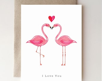 Flamingo Valentine's Day card - flamingo - love - lovers - heart - handmade - watercolor