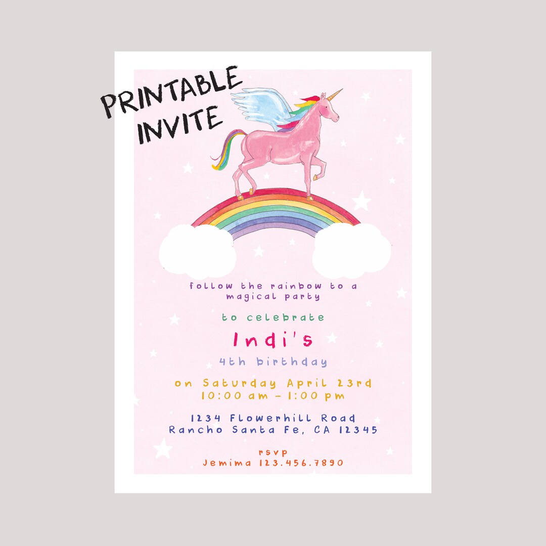 Unicorn and Rainbow PRINTABLE Invite Digital File Birthday Party Pink Watercolor - Etsy