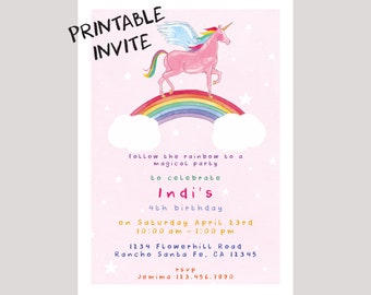 Unicorn and Rainbow PRINTABLE Invite - digital file - birthday party - pink - watercolor