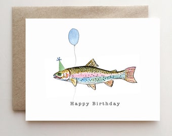 Trout Birthday Card - party hat - balloon - happy birthday - fish - funny card - handmade - paper