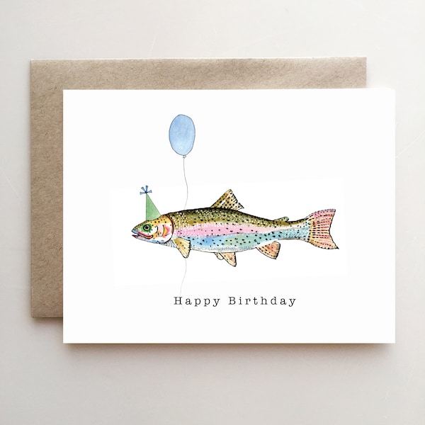 Trout Birthday Card - party hat - balloon - happy birthday - fish - funny card - handmade - paper