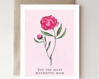 Mother’s Day Card with Peony Flower, Elegant Floral Watercolor for Mom