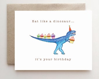 Dinosaur holding a Cupcake Birthday Card - trex - handmade - paper goods