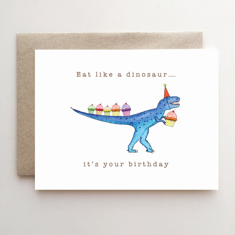 Dinosaur holding a Cupcake Birthday Card trex handmade paper goods image 1