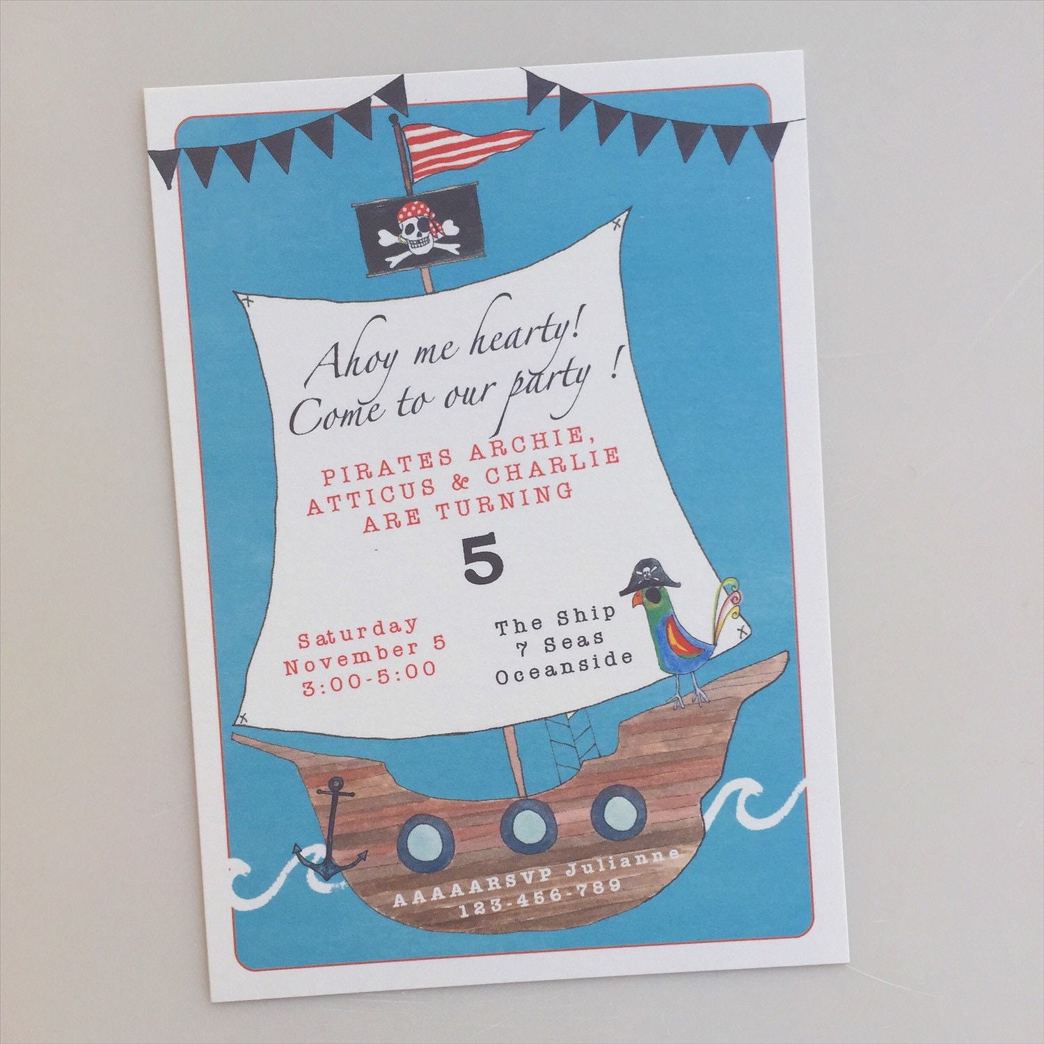 pirate ship ahoy digital file personalised kids party digital PRINTABLE Pirate Party Invite