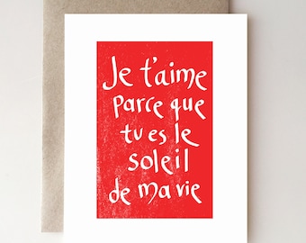 Je T'aime Soleil - Valentine's Day -  Card - Handmade - Paper goods - Love - French - Valentine