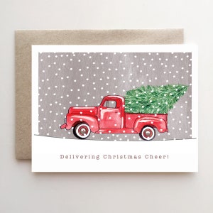 Delivering Christmas Cheer! - Christmas card - Holiday card - 1950&#39;s truck - snow - winer - cheer - watercolor - handmade