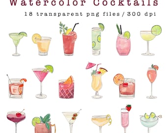 May include: Watercolor illustrations of 18 different cocktails, each with unique colors and garnishes. Hand painted watercolor clipart for digital design projects.