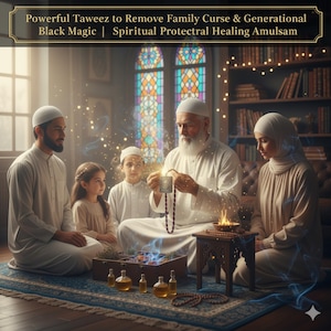 May include: An image shows a family gathered in a room with a stained-glass window and bookshelves. The text at the top reads: "Powerful Taweez to Remove Family Curse & Generational Black Magic | Spiritual Protectral Healing Amulsam". A small table holds a burning flame and prayer beads.