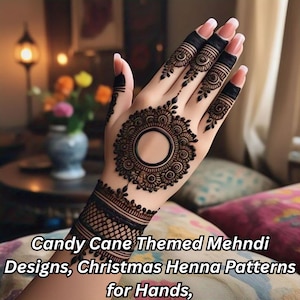 May include: A hand adorned with intricate henna designs. The dark brown henna creates a circular pattern on the palm and detailed designs on the fingers and wrist. The text reads "Candy Cane Themed Mehndi Designs, Christmas Henna Patterns for Hands,"