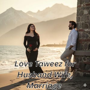 May include: A woman in a black off-the-shoulder dress holds a red rose on a beach, with a man in a white shirt and khaki pants leaning against a stone structure. The text "Love Taweez for Husband Wife, Marriage" is overlaid on the image.