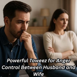May include: Image of a man and woman in a tense situation. The man, in a blue shirt, looks down thoughtfully. The woman, in a cream sweater, has her arms crossed. Text on the image reads "Powerful Taweez for Anger Control Between Husband and Wife."
