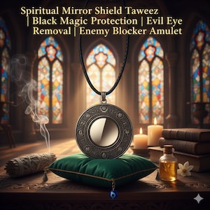 Op de afbeelding: Een zilverkleurige, ronde hanger met een reflecterend midden, hangend aan een zwart koord. De hanger ligt op een groen fluwelen kussen. Tekst op de afbeelding: Spiritual Mirror Shield Taweez | Black Magic Protection | Evil Eye Removal | Enemy Blocker Amulet.