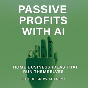 Pode incluir: Gráfico verde com o texto branco "PASSIVE PROFITS WITH AI". Apresenta uma mão robótica verde. O texto "HOME BUSINESS IDEAS THAT RUN THEMSELVES" e "FUTURE GROW ACADEMY" também estão incluídos.