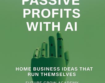 May include: A green graphic with the text "PASSIVE PROFITS WITH AI" in white. Below, a green robotic hand is featured. The text "HOME BUSINESS IDEAS THAT RUN THEMSELVES" and "FUTURE GROW ACADEMY" are also included.