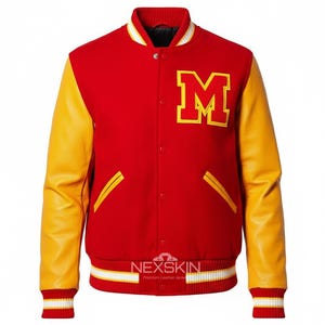 May include: A red varsity jacket with yellow leather sleeves. The jacket features a large yellow "M" on the chest and yellow accents on the pockets. The cuffs and waistband have white stripes. A classic athletic style.