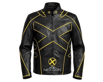 May include: Black leather jacket with yellow accents, featuring an X-shaped design on the chest and back. The jacket has a stand-up collar, a zipper closure, and the Nexskin logo at the bottom. The jacket is a superhero-themed garment.