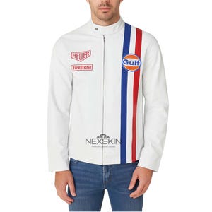 May include: White leather jacket with a stand-up collar and a vertical stripe in red, white, and blue. Features the "Gulf" logo and "HEUER" and "Firestone" patches. The jacket has a zipper closure and the text "NEXSKIN Premium Leather Jackets".