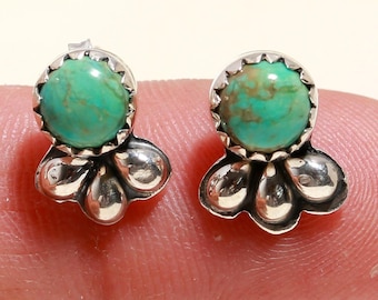 Handmade Turquoise Stud Earrings, Sterling Silver Boho Jewelry