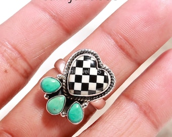 Aurora Opal Checkered Heart Ring 925 Sterling Silver Blue Stone Jewelry, Statement Boho Ring for Women, Trendy Anniversary Gift