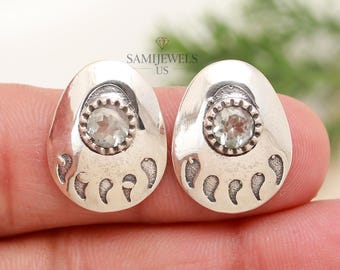 Handmade Blue Topaz Sterling Silver Stud Earrings, Boho Jewelry