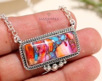 925 Spiny Oyster and Copper Turquoise Necklace, Rectangle Shape Gemstone Necklace,925 Sterling Silver Handmade Necklace