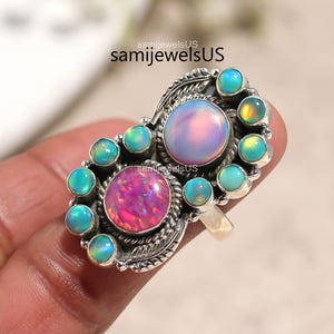 Aurora Opal Handcrafted Ring 925 Sterling Silver Pink Stone Jewelry Engagement, Gift for Her image 1