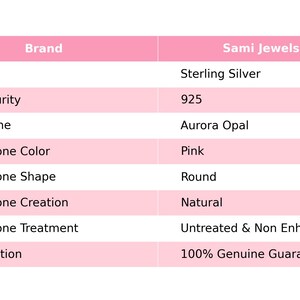 May include: A pink and white graphic with product details from Sami Jewels US. The details include: Sterling Silver metal, 925 metal purity, Aurora Opal gemstone, pink main stone color, round main stone shape, natural main stone creation, untreated & non-enhanced main stone treatment, and 100% genuine guarantee.