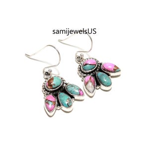 Pink cotton candy Turquoise Silver Drop Earrings Handcrafted Jewelry image 2