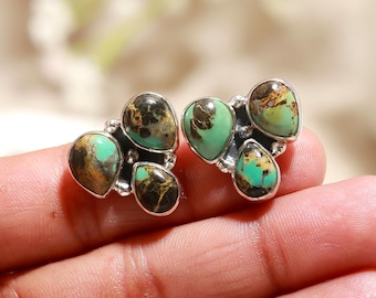 Blackjack Turquoise Pear Stud Earrings, 925 Sterling Silver Daily Wear Jewelry