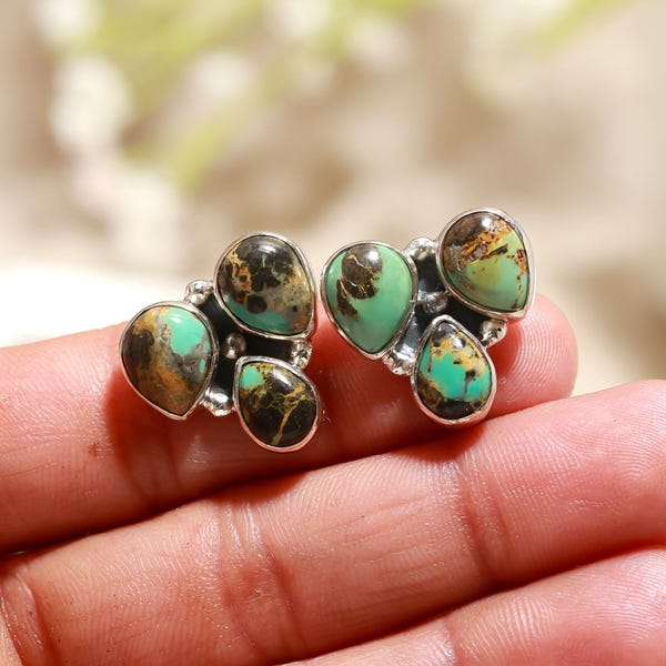 Blackjack Turquoise Pear Stud Earrings, 925 Sterling Silver Daily Wear Jewelry